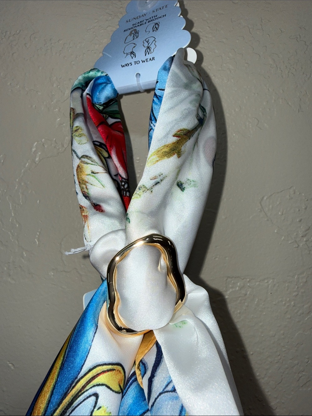 Silky Floral Scarf Twilly Red Blue Yellow with Removable Gold Tone Brooch. NWT